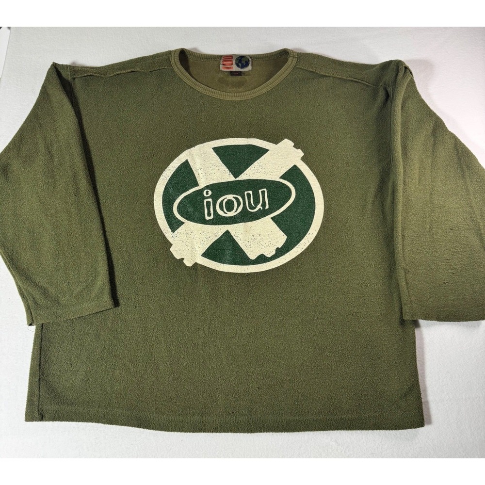 IOU Vintage Graphic Shirt Mens Large Olive‎ Green Cotton Blend Long Sleeve Boxy